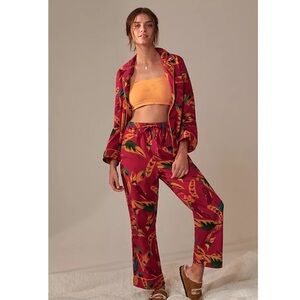 Anthropologie Farm Tio Pink Feather Botanical Pajama Set Wide-Leg Silhouette xs